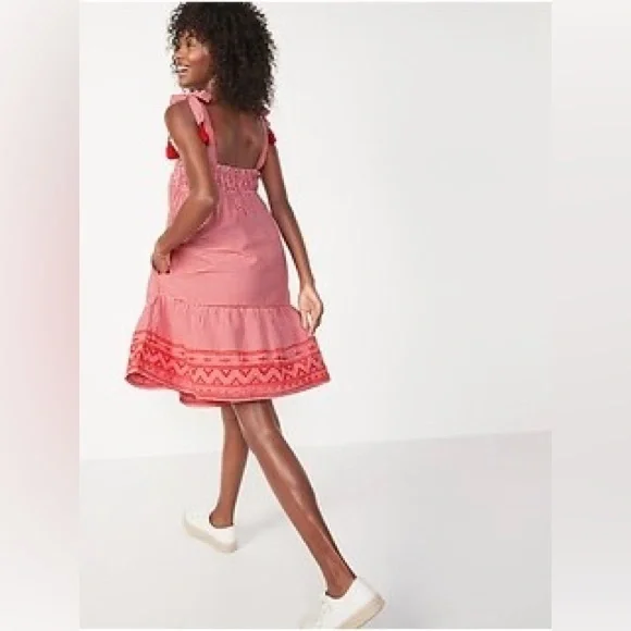OLD NAVY Smocked Embroidered Tiered Red White Gingham Plaid Mini Dress w Pockets - Picture 3 of 14